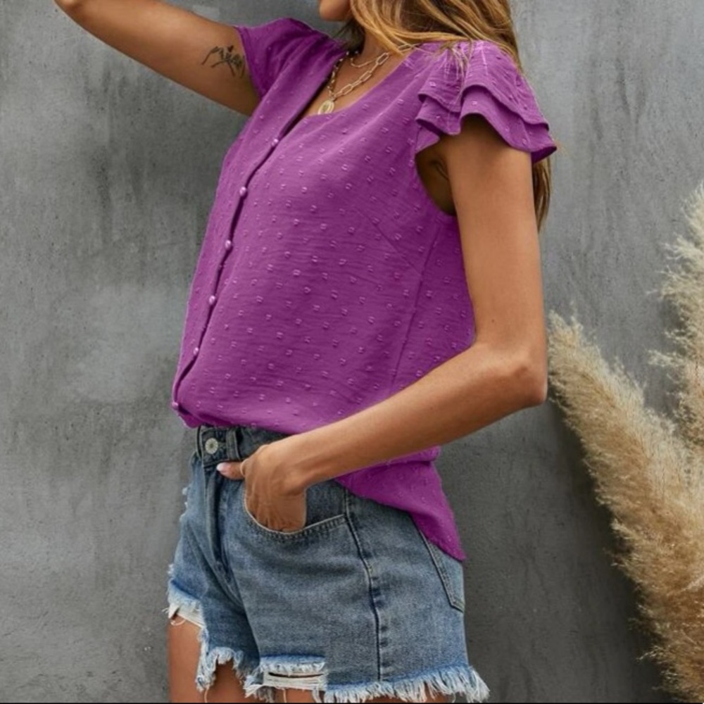 Boho  Swiss Dot Butterfly Sleeve Top - Picture 11 of 15